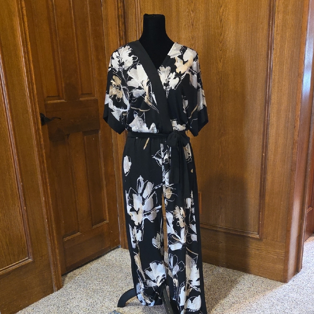 Susan Graver Black, Grey, and White Floral Kimono Jumpsuit